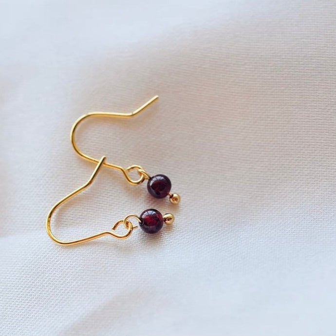 18K gold plated or silver dangle earrings with natural 3mm mini garnet beads, perfect for adding a touch of rich sophistication and subtle style to any outfit.