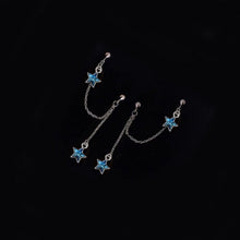 Load image into Gallery viewer, Korean fashion steel double piercing earrings with a 6mm cubic zirconia blue star charm and 4cm length, perfect for a unique and trendy look.
