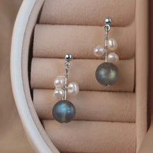 Load image into Gallery viewer, Surgical Steel Flora Style Earrings with AAA Natural Labradorite and 3-4mm Pearls, Elegant Jewelry
