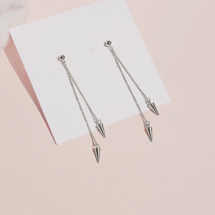 Korean Fashion Kpop Style 12mm Solid Steel Spike 1.1mm Chain Earrings 6cm