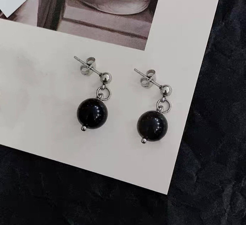 Surgical Steel 8mm Black Obsidian Dangle Earrings