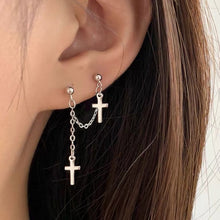 Load image into Gallery viewer, Korean fashion steel double piercing earrings with an 18mm Gothic cross charm and 5cm length, ideal for a bold and edgy look.
