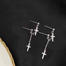 Load image into Gallery viewer, Korean fashion steel double piercing earrings with an 18mm Gothic cross charm and 5cm length, ideal for a bold and edgy look.
