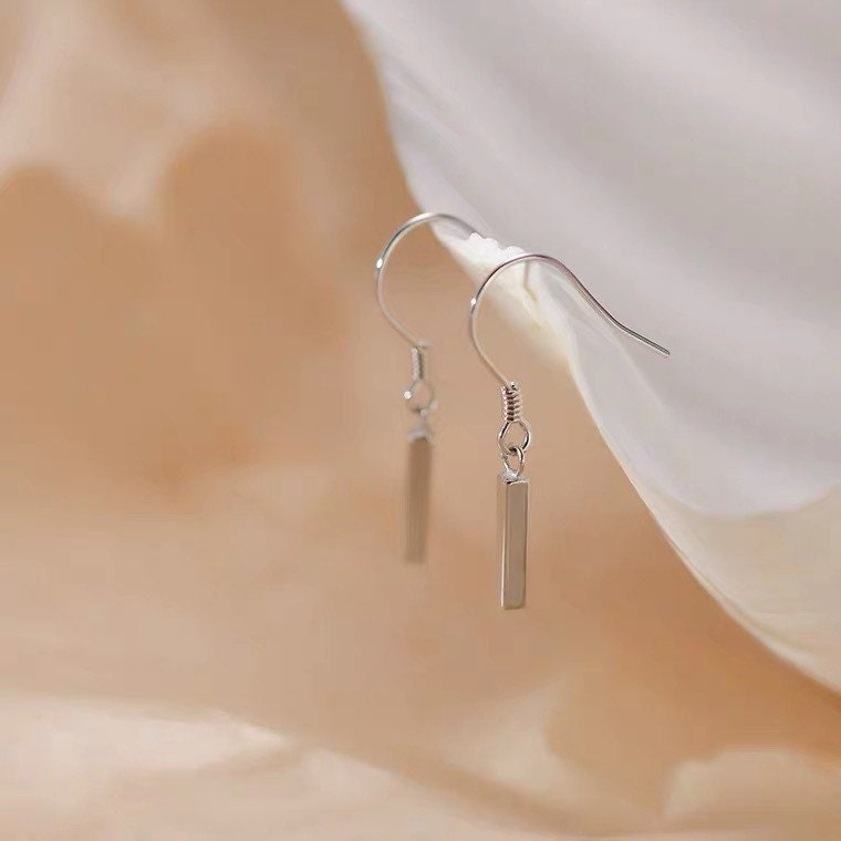 Dangle/ Hoop Solid Stainless Steel 15mm Small Rectangle Charm Bar Earrings