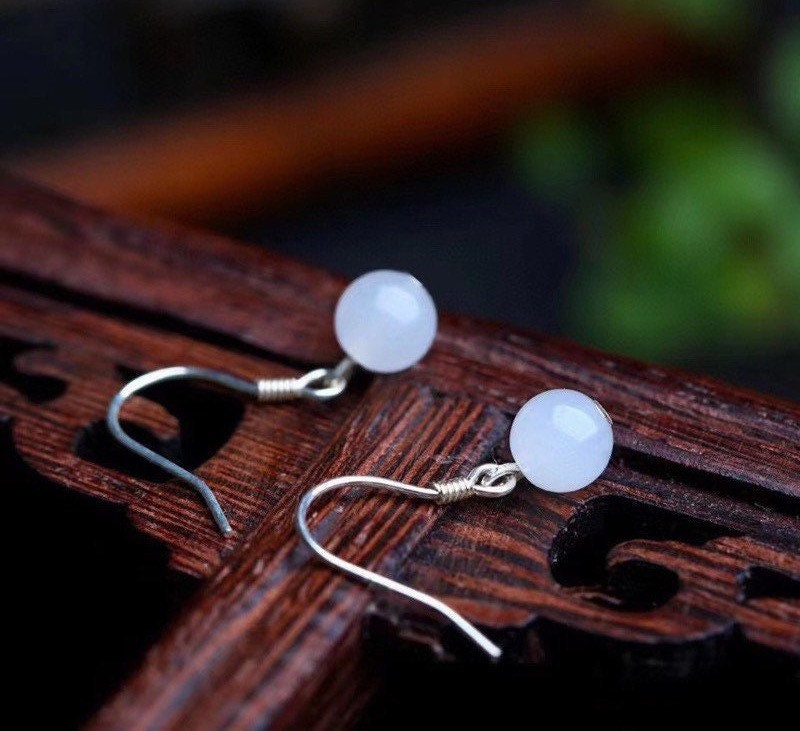 S925 6mm Mini Natural White Dangle Jade Earrings