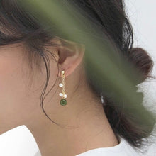 Load image into Gallery viewer, 18K gold plated or silver flora style stud earrings with 3mm tiny pearls and 8mm dark green jade, perfect for adding a touch of nature-inspired elegance to any outfit.
