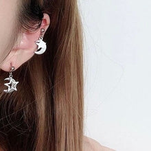 Load image into Gallery viewer, Asymmetrical 2-piece Different Design Earrings with Moon and Star Charm Studs, Steel, Chic Jewelry.
