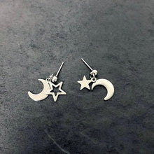 Load image into Gallery viewer, Asymmetrical 2-piece Different Design Earrings with Moon and Star Charm Studs, Steel, Chic Jewelry.
