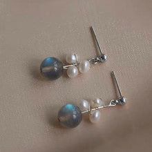 Load image into Gallery viewer, Surgical Steel Flora Style Earrings with AAA Natural Labradorite and 3-4mm Pearls, Elegant Jewelry
