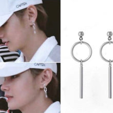 Load image into Gallery viewer, Pair of kpop style stainless steel stud earrings inspired by BTS style, featuring a 2cm rectangle charm with circle ring details
