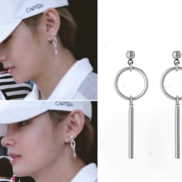 Pair of kpop style stainless steel stud earrings inspired by BTS style, featuring a 2cm rectangle charm with circle ring details