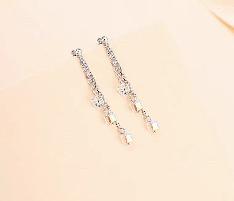 스테인레스 스틸 6mm 오스트리아 크리스탈 클리어 Ab 레인보우 슈가 큐브 3 레이어 귀걸이 5cm