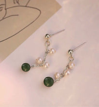 Load image into Gallery viewer, 18K gold plated or silver flora style stud earrings with 3mm tiny pearls and 8mm dark green jade, perfect for adding a touch of nature-inspired elegance to any outfit.
