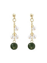 Load image into Gallery viewer, 18K gold plated or silver flora style stud earrings with 3mm tiny pearls and 8mm dark green jade, perfect for adding a touch of nature-inspired elegance to any outfit.
