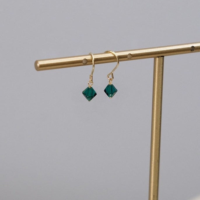 18K Gold Plated Minimalist Peacock Green Faceted Austrian Crystal Tapered Geometric Bead 6mm Dangle Earrings