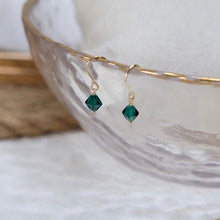 将图片加载到图库查看器，18K Gold Plated Minimalist Peacock Green Faceted Austrian Crystal Tapered Geometric Bead 6mm Dangle Earrings
