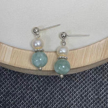 Load image into Gallery viewer, Surgical Steel 8mm Dark Green Jade 5mm Natural Pearls Earrings
