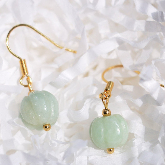 A pair of 18K Gold Plated or S925 Silver earrings with 10mm light green pumpkin jade jadeite gemstones.