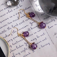 Load image into Gallery viewer, 18K gold plated 925 silver dangle earrings with 8mm natural amethyst beads in a flower design, perfect for adding a touch of luxury and elegance to any outfit.
