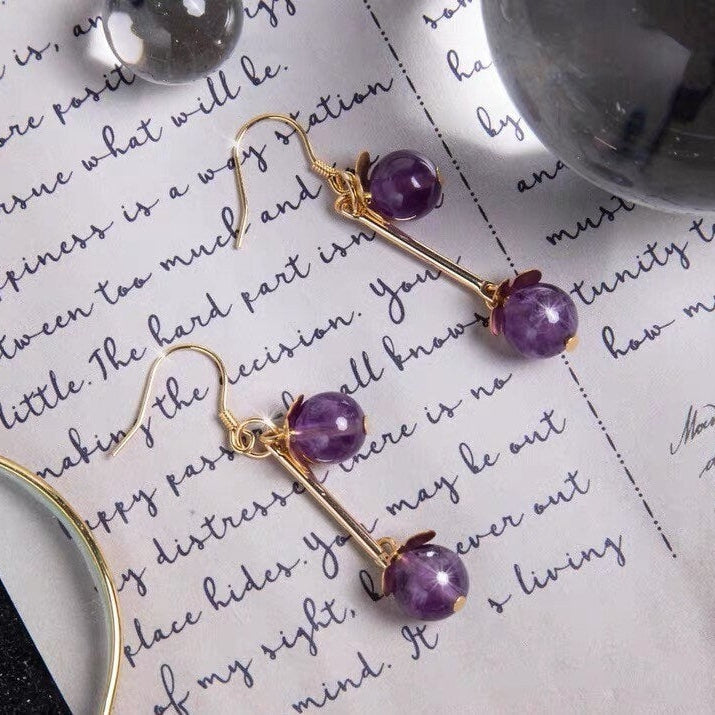 18K gold plated 925 silver dangle earrings with 8mm natural amethyst beads in a flower design, perfect for adding a touch of luxury and elegance to any outfit.