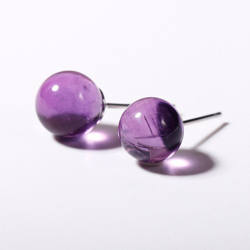 S925 Silver 8mm Purple Natural Gemstone Birthstone Amethyst Round Bead Stud Earrings