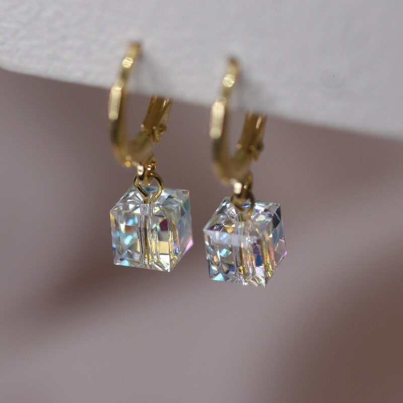 Minimalist 18K Gold Plated 6mm Mini Sugar Cube ClearAB/Champagne/Purple/Blue Lever Back Small Huggie Earrings