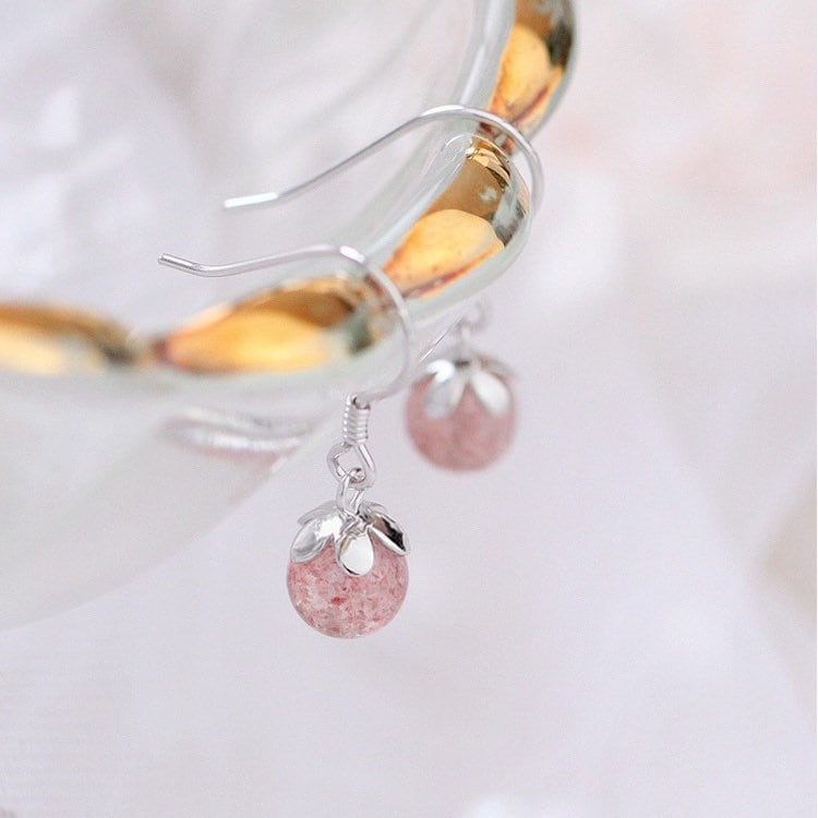 S925 Dangle Flower 8mm AAA Strawberry Quartz Round Dangle Earrings