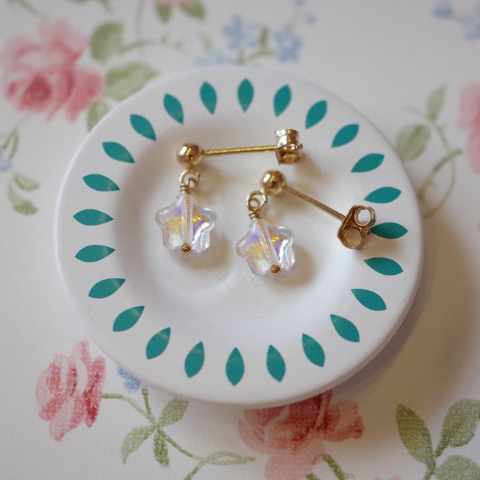 18K gold plated or surgical steel earrings with 8mm clear AB love heart rainbow glass colored glaze lampwork beads, perfect for adding a touch of whimsy and charm to any outfit.