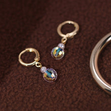 Load image into Gallery viewer, A pair of 18K Gold Plated hoop earrings with lever-back closures, featuring 3mm natural pearls and 8mm faceted crystal clear AB rainbow beads.
