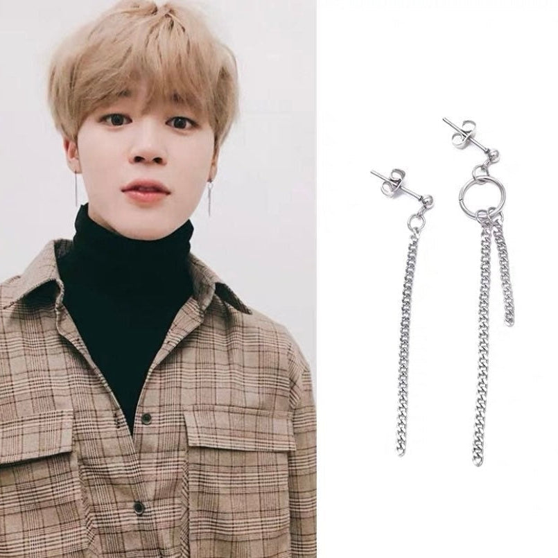 Surgical Steel BTS Style Kpop Asymmetrical 2pc Different Design Studs 10mm Ring Circle Punk Chain Earrings 6-6.5cm