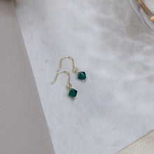 将图片加载到图库查看器，18K Gold Plated Minimalist Peacock Green Faceted Austrian Crystal Tapered Geometric Bead 6mm Dangle Earrings
