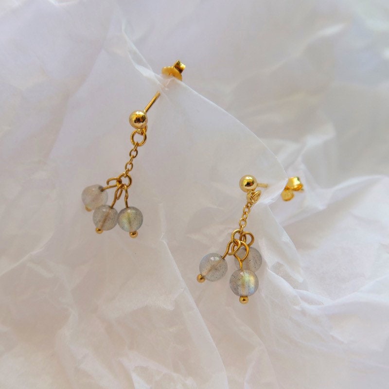 A pair of 18K Gold Plated or surgical steel earrings with 4mm small labradorite gemstones.