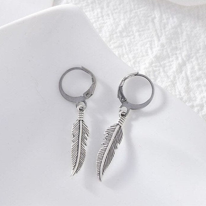 Gothic Punk Hoop Lever Back 3cm Feather Steel Earrings 4cm