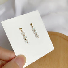 Load image into Gallery viewer, A pair of 18K Gold Plated or surgical steel bar earrings with AAA 4-5mm natural moonstone round beads.
