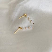 Load image into Gallery viewer, A pair of 18K Gold Plated or surgical steel bar earrings with AAA 4-5mm natural moonstone round beads.
