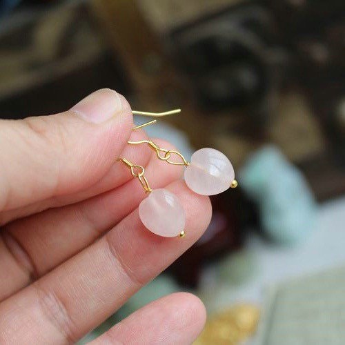 18K Gold Plated S925 10mm Mozambique Heart Rose Quartz Small Dangle Crystal Earrings