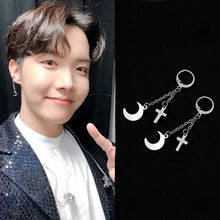 Load image into Gallery viewer, Kpop Earrings Korea BTS Earrings Moon and Cross Solid Stainless Steel Earrings Hoop Lever Back Earrings Unisex
