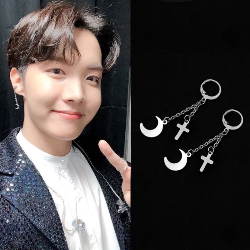 Kpop Earrings Korea BTS Earrings Moon and Cross Solid Stainless Steel Earrings Hoop Lever Back Earrings Unisex