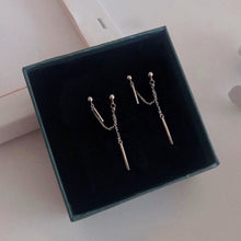 Load image into Gallery viewer, Image of a pair of hypoallergenic surgical steel double piercing earrings featuring Korean rectangle charms, measuring 2cm and 3cm respectively. The earrings have a gothic style and a total length of 6-6.5cm.
