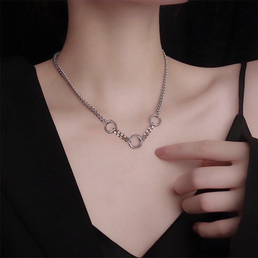 Korean Style Kpop Punk 10mm Circle Ring Cuban Necklace Solid Stainless Steel 16-18 Inches