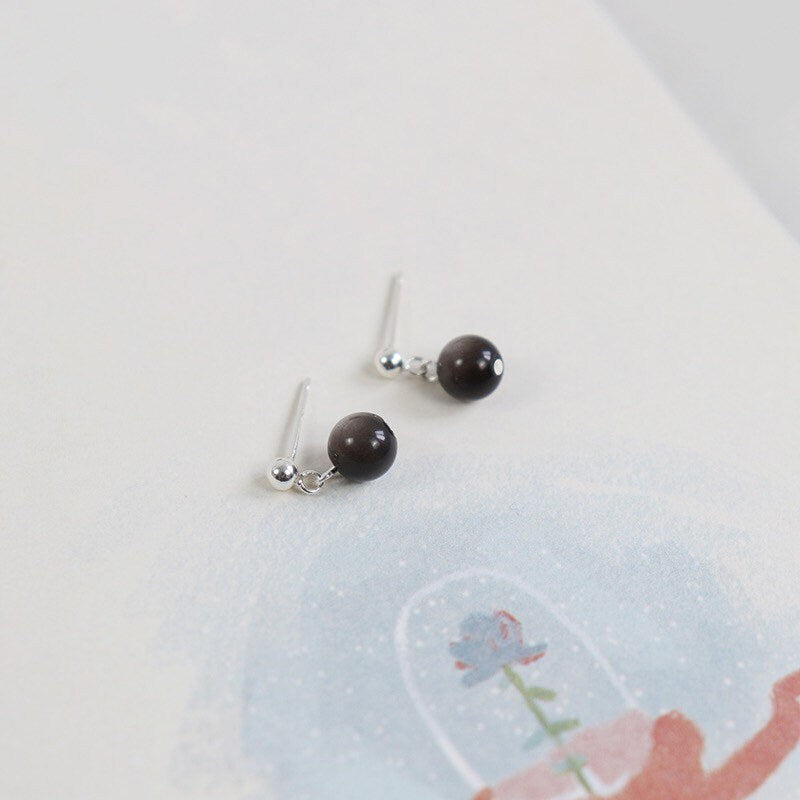 Surgical Steel 8mm Natural Silver Obsidian Earrings Stud hypoallergenic