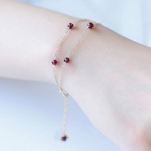 S925 3mm Tiny Garnet Beads Double Chain Bracelet 6/7/8 Inches with Extender