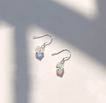 Load image into Gallery viewer, Small dangle earrings featuring S925 sugar cube crystal clear AB rainbow beads in 6mm or 8mm sizes, adding a pop of color and sparkle to any outfit.
