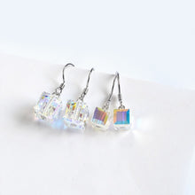 Load image into Gallery viewer, Small dangle earrings featuring S925 sugar cube crystal clear AB rainbow beads in 6mm or 8mm sizes, adding a pop of color and sparkle to any outfit.
