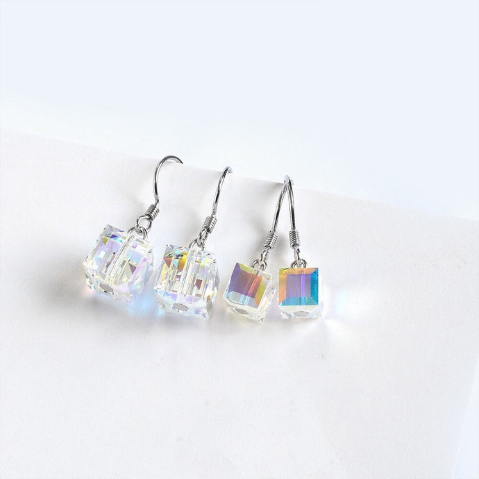 Small dangle earrings featuring S925 sugar cube crystal clear AB rainbow beads in 6mm or 8mm sizes, adding a pop of color and sparkle to any outfit.