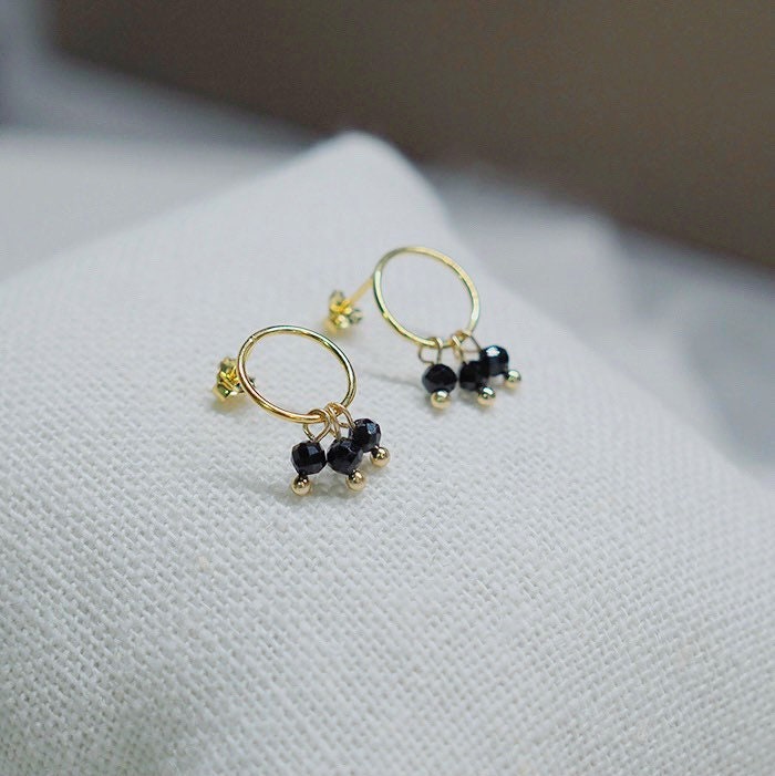 18K gold plated geometric earrings with 4mm black tourmaline stones in a circle design, hypoallergenic and elegant.