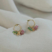 Load image into Gallery viewer, 18K gold plated geometric earrings with a circle design and colorful tourmaline chips ranging from 4-7mm, perfect for adding a vibrant and eye-catching touch to any outfit.
