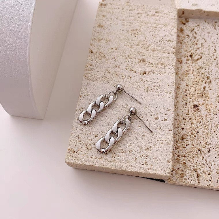 Korean Small Short Chunky Cuban Chain Stud Steel Earrings