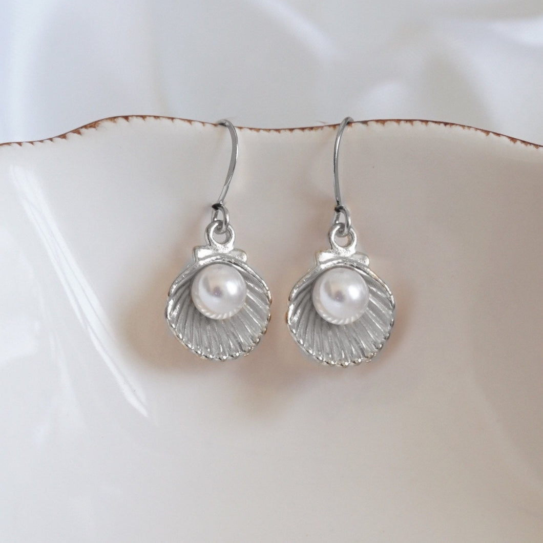 Steel Crystal Pearl Shell 15mm Charm Dangle Earrings