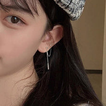 Load image into Gallery viewer, Image of a pair of double piercing earrings made of steel, featuring Korean 2cm rectangle charms and 3cm drops.
